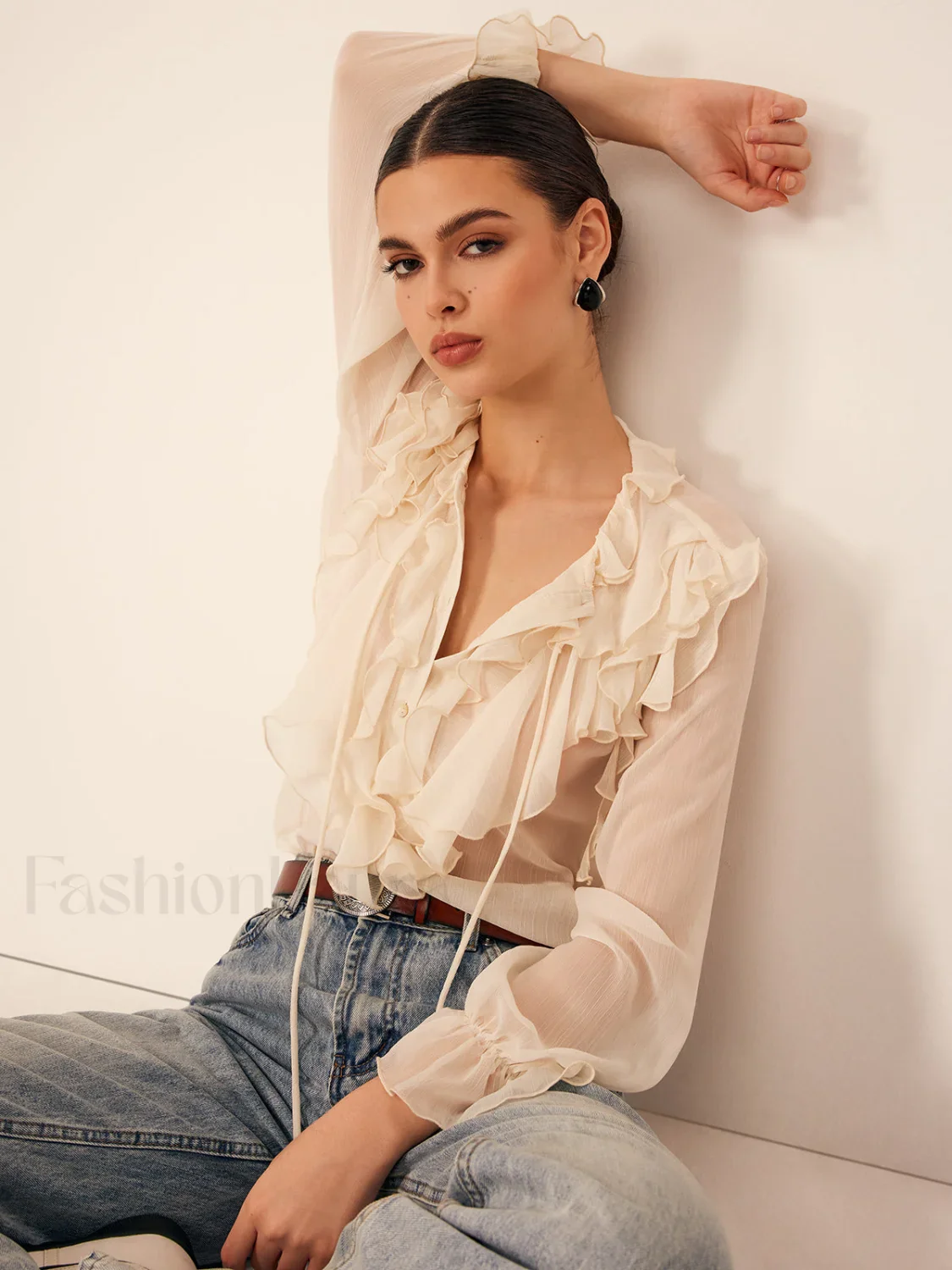 Semi-Sheer Ruffle Chiffon Breasted Blouse - Image 5