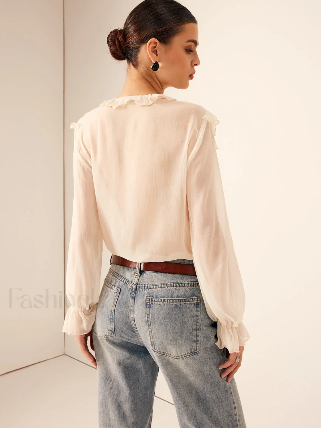 Semi-Sheer Ruffle Chiffon Breasted Blouse - Image 6
