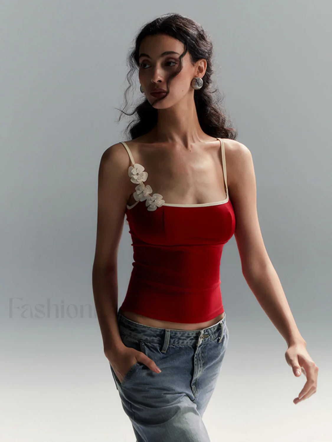Floral Contrast Trim Bodycon Cami Top - Image 2