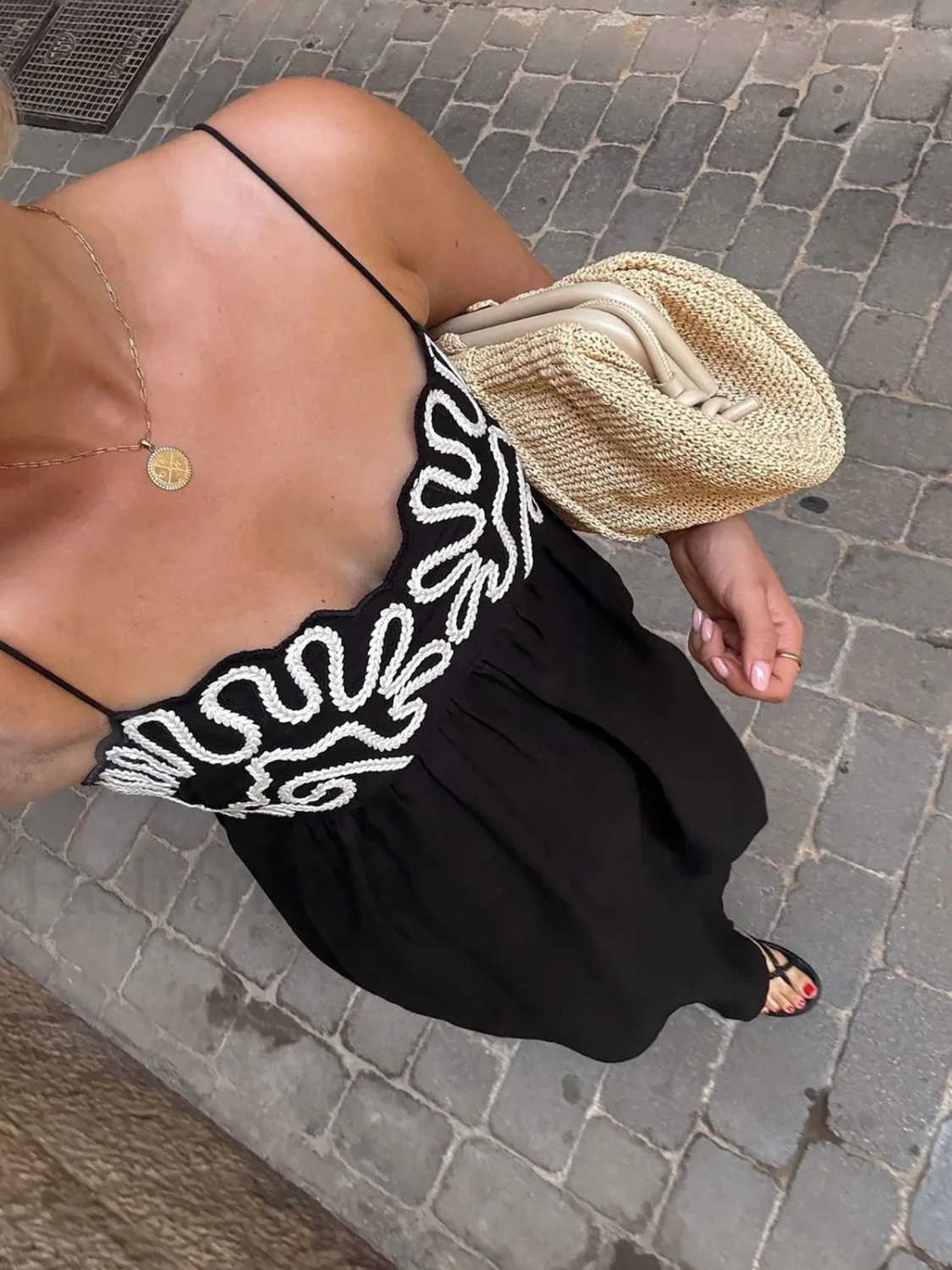 Embroidered Shirred Spaghetti Strap Long Dress - Image 2