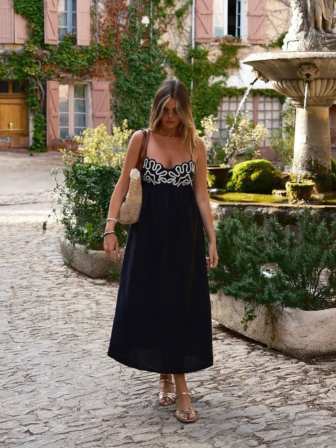 Embroidered Shirred Spaghetti Strap Long Dress - Image 7