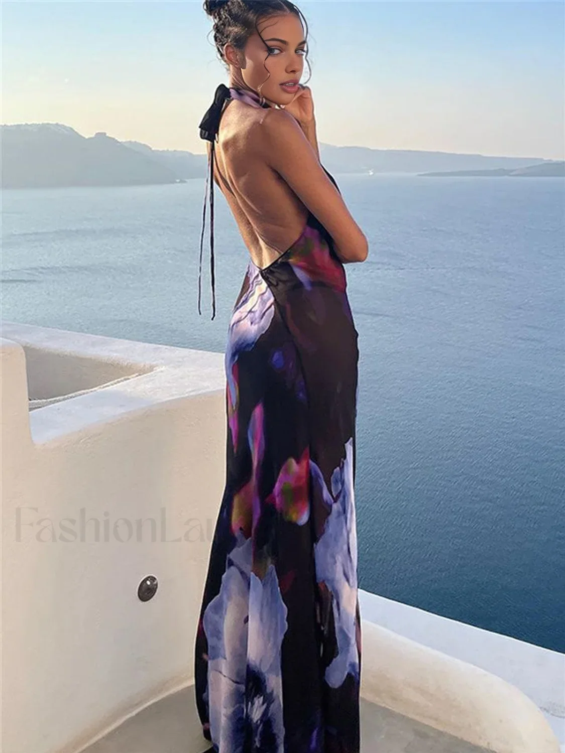 Semi-Sheer Print Backless Halter Dress - Image 2
