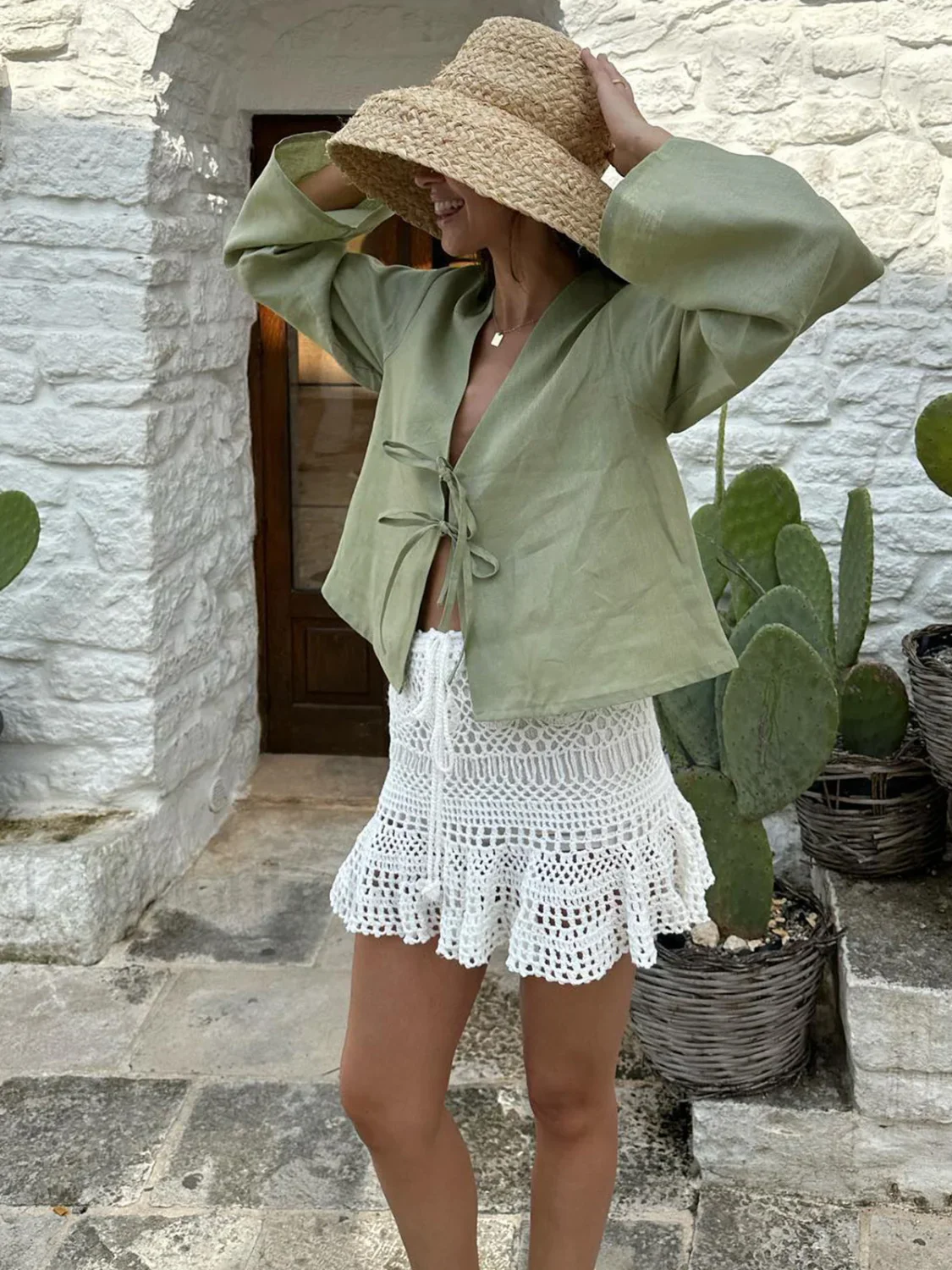 Oversized Long Tie-Front Sleeve Blouse - Image 8