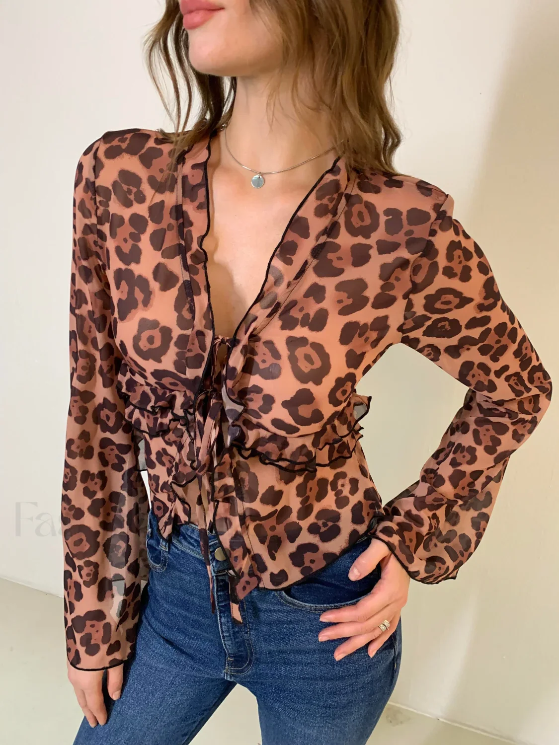 Leopard Print Semi-Sheer Ruffle V-Neck Blouse - Image 16