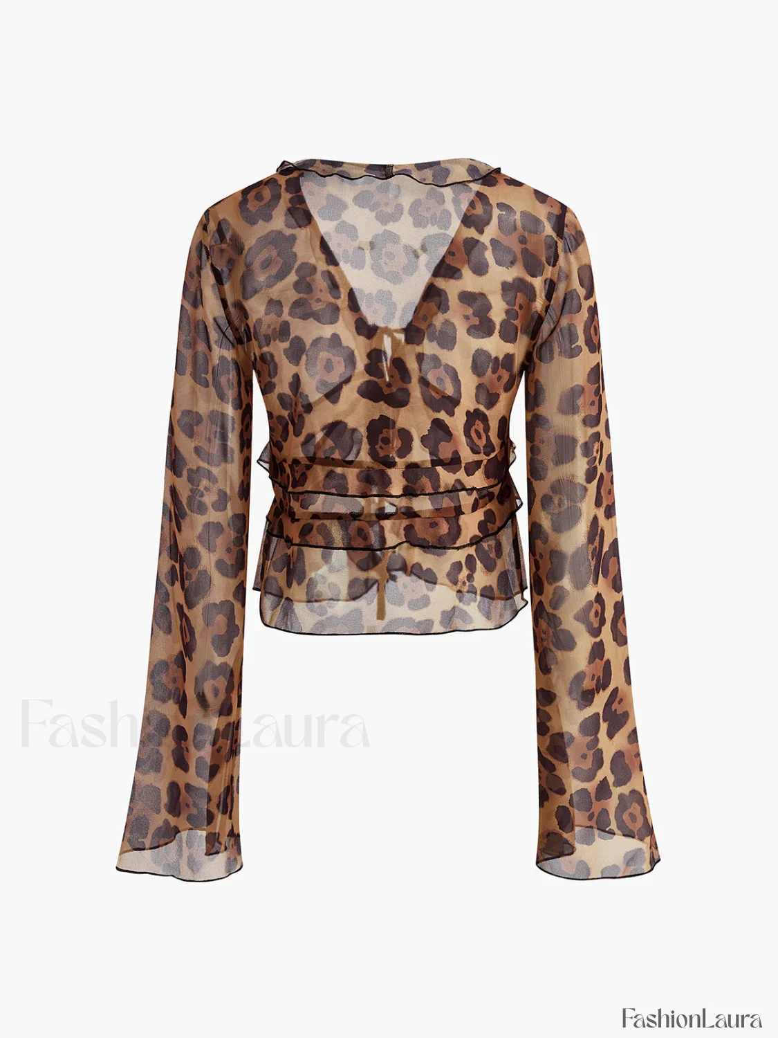 Leopard Print Semi-Sheer Ruffle V-Neck Blouse - Image 19