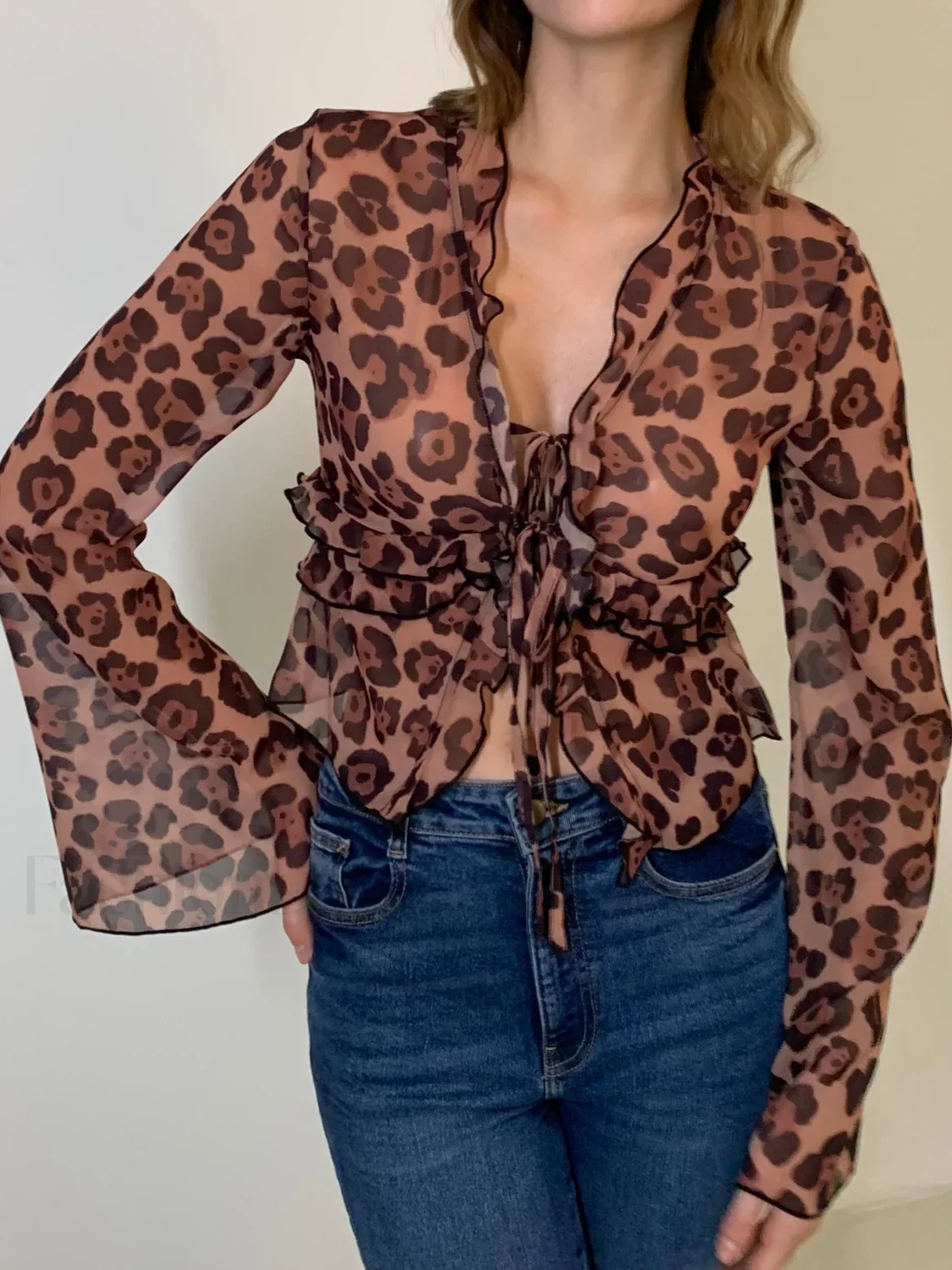 Leopard Print Semi-Sheer Ruffle V-Neck Blouse - Image 2