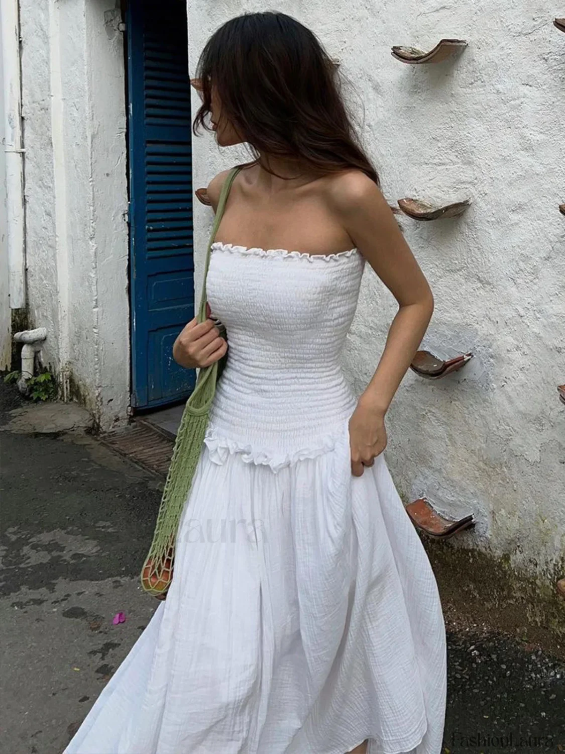 Cotton Blends Shirred Tube Long Dress - Image 10