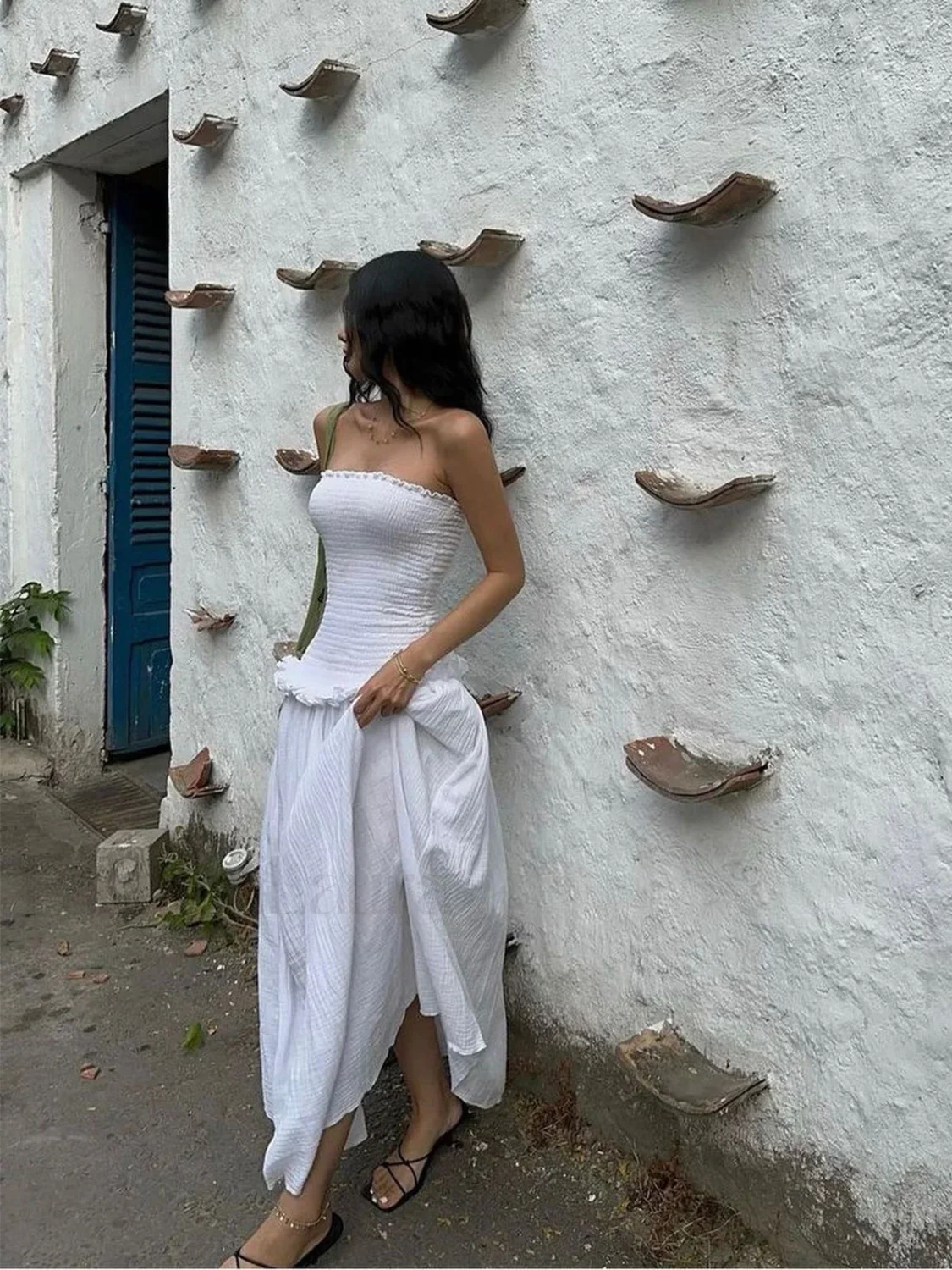 Cotton Blends Shirred Tube Long Dress - Image 5