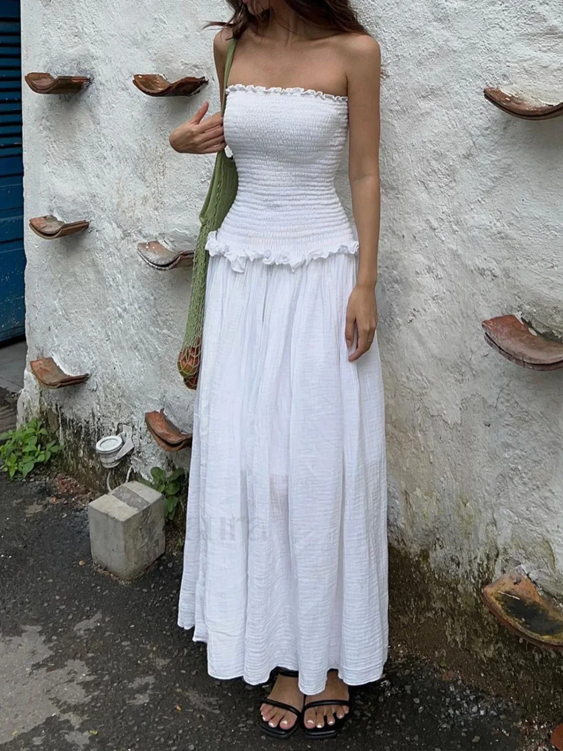 Cotton Blends Shirred Tube Long Dress - Image 8