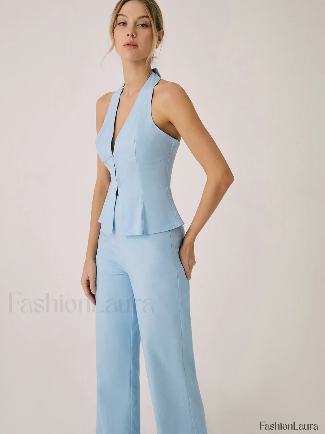 Cotton & Linen Vest With Straight Leg Pants Set - Image 12