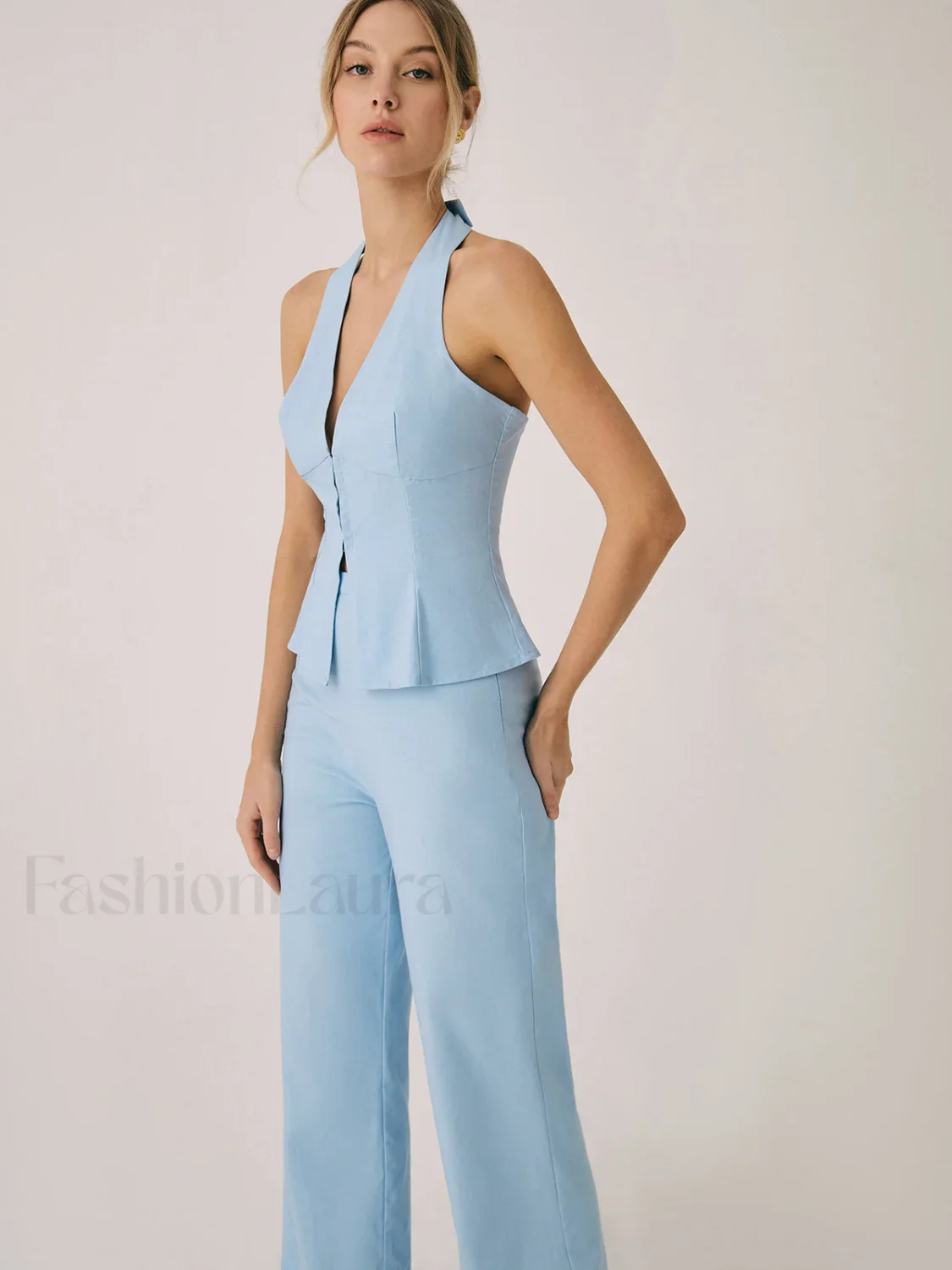 Cotton & Linen Vest With Straight Leg Pants Set - Image 7