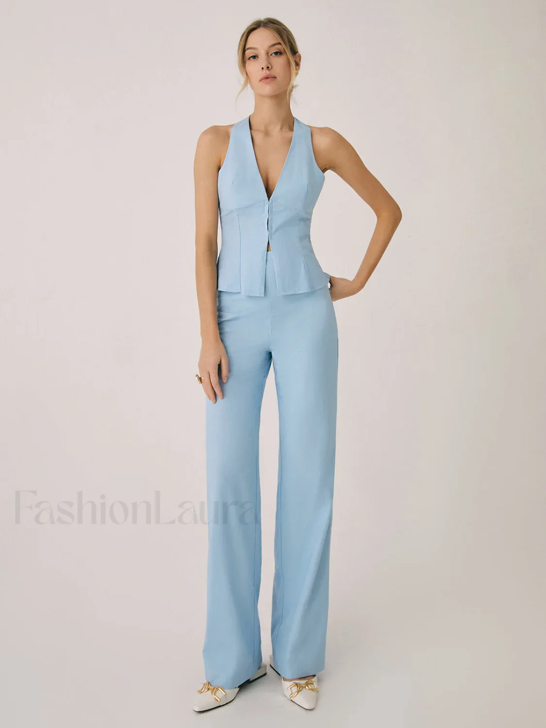 Cotton & Linen Vest With Straight Leg Pants Set - Image 9