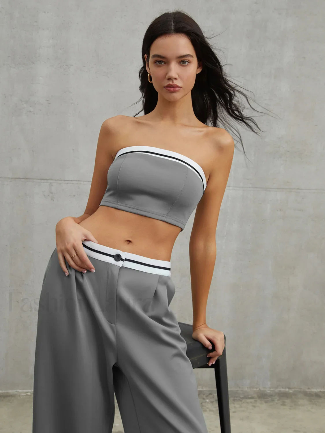 Tube Top Two Piece Contrast Waistband Pants Set - Image 22