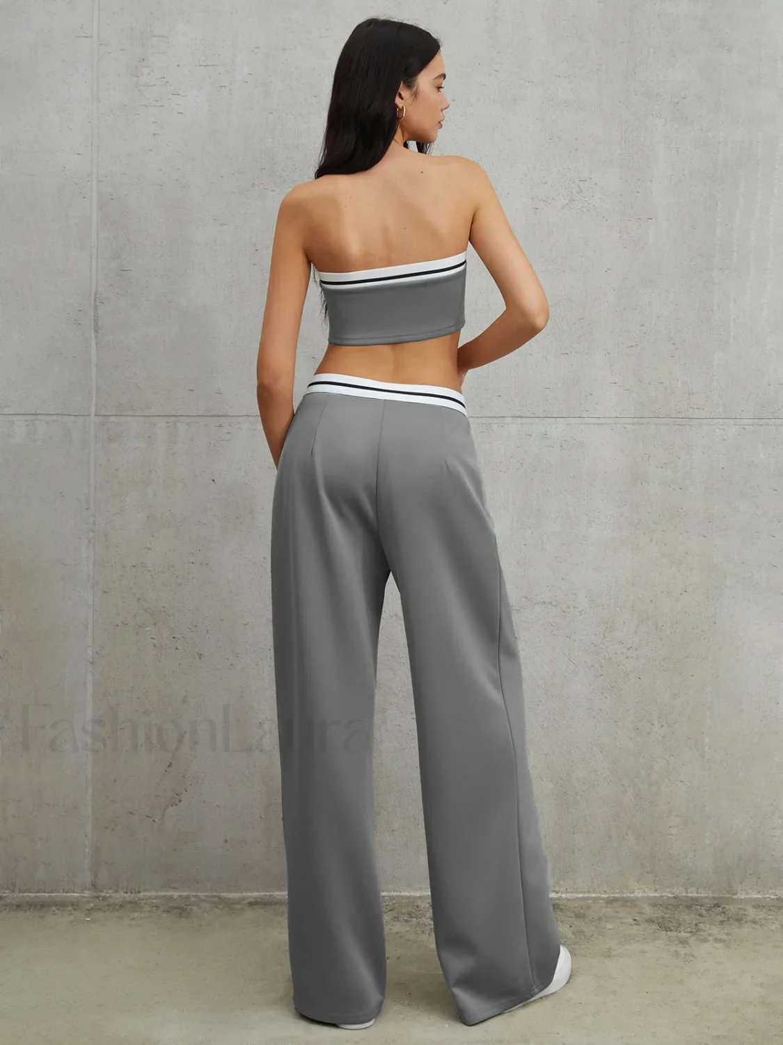 Tube Top Two Piece Contrast Waistband Pants Set - Image 5