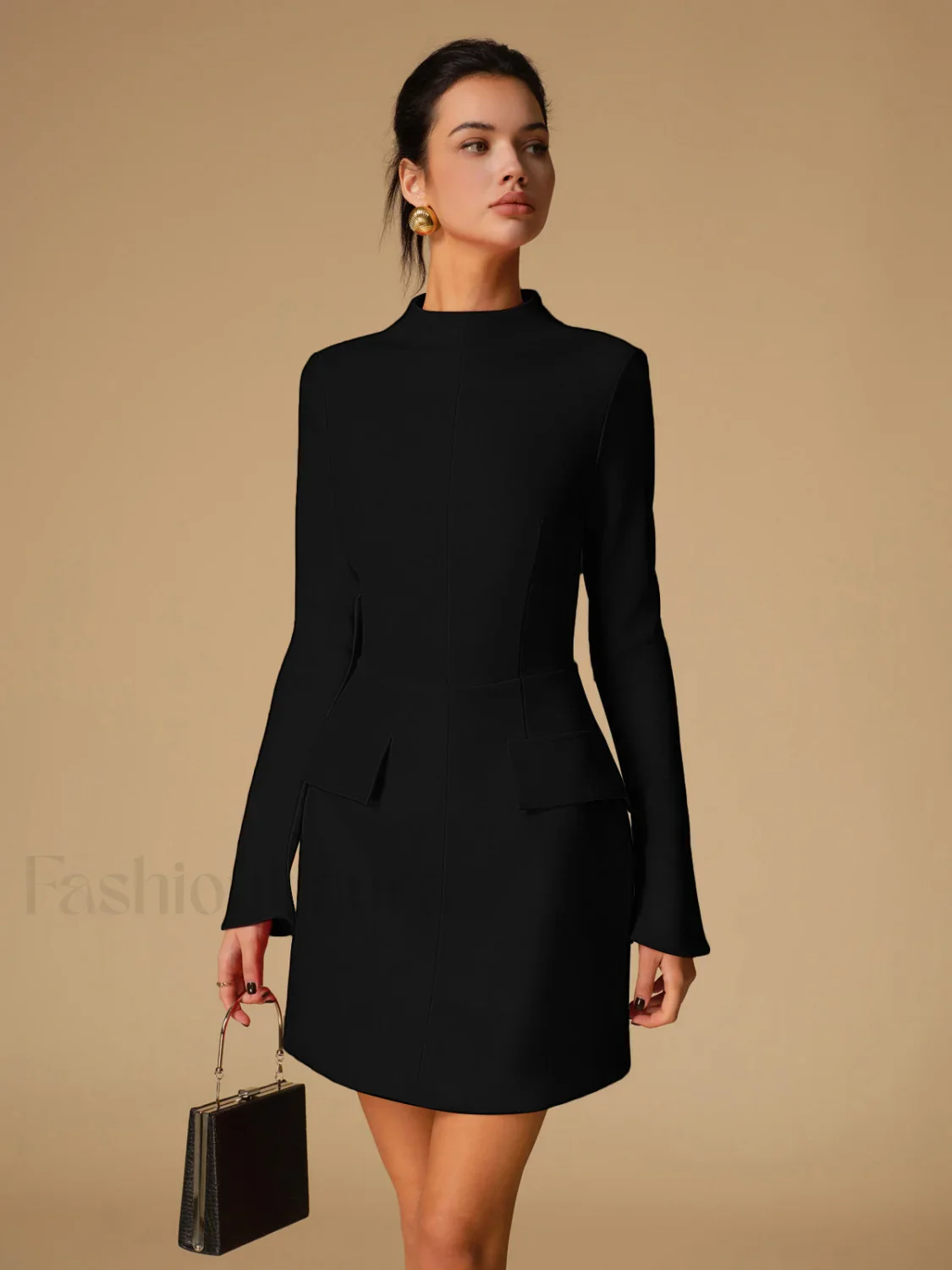 Minimalist Plain Mock Neck Dress - Image 10