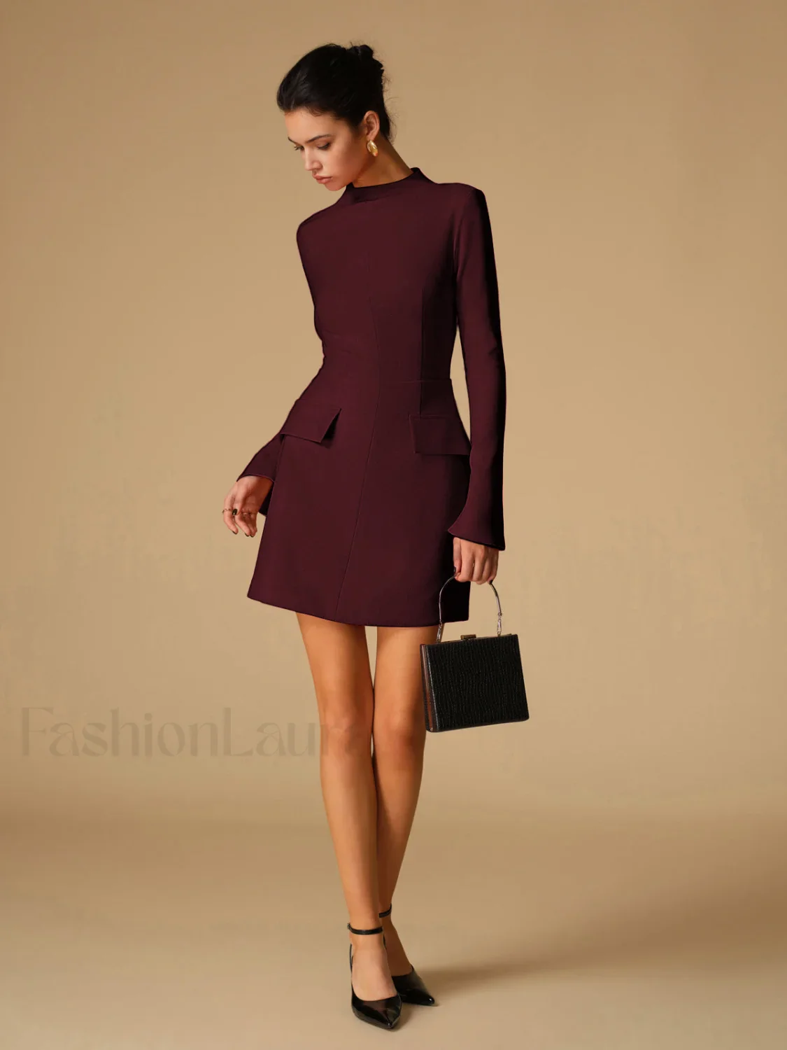 Minimalist Plain Mock Neck Dress - Image 12