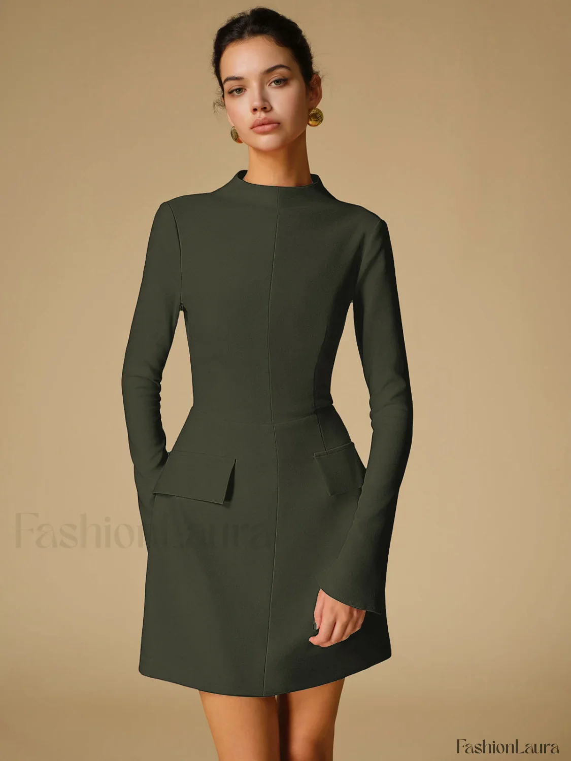 Minimalist Plain Mock Neck Dress - Image 31