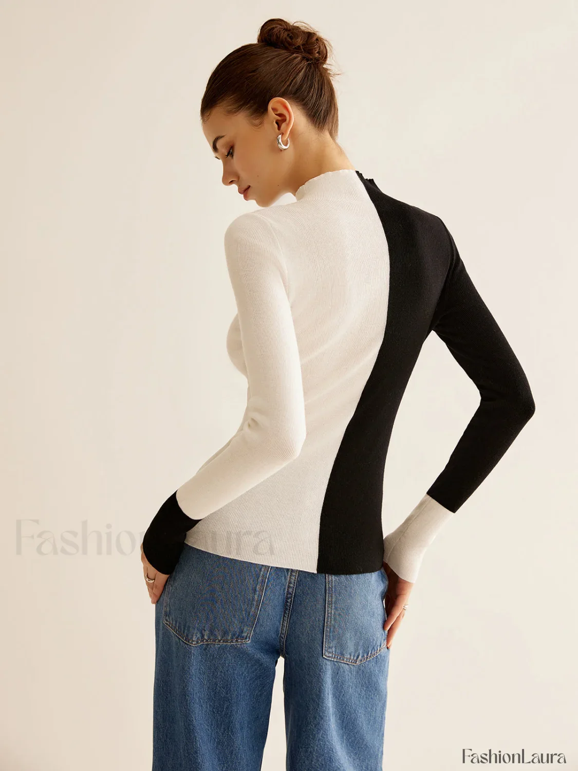 Wool-Blend Two Tone Skinny Knit Top - Image 33