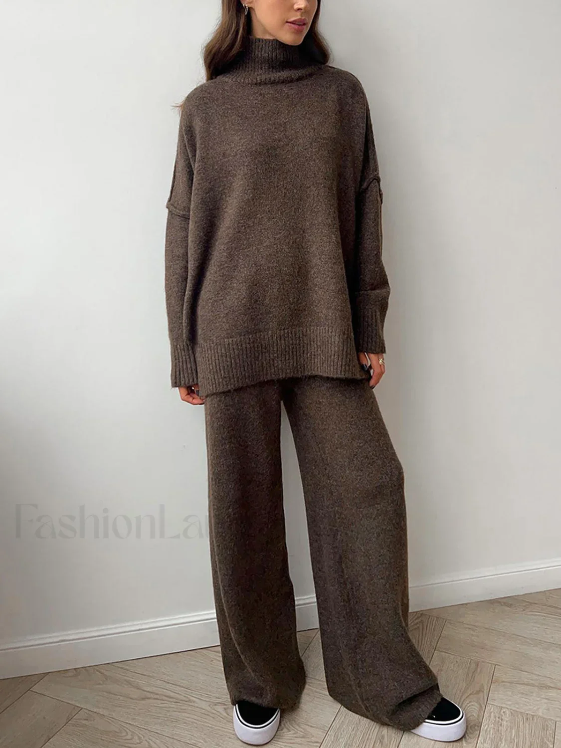 Plain Turtleneck Knit Pants Two Piece Set - Image 10