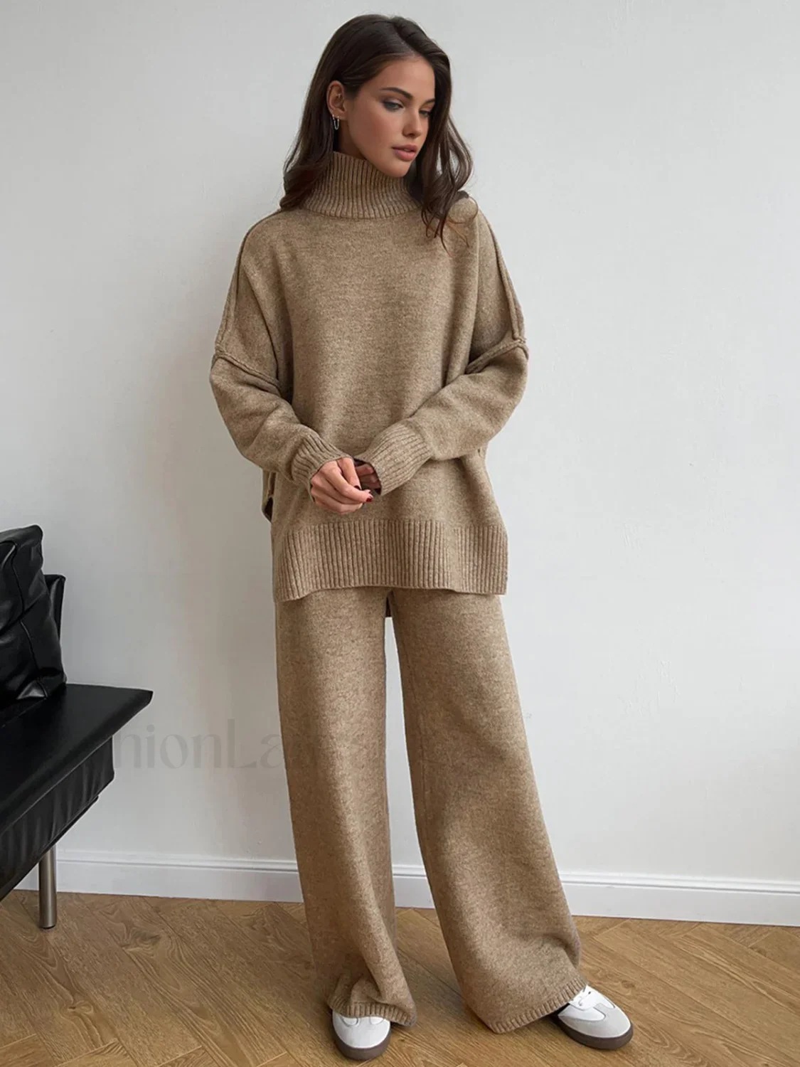 Plain Turtleneck Knit Pants Two Piece Set - Image 17