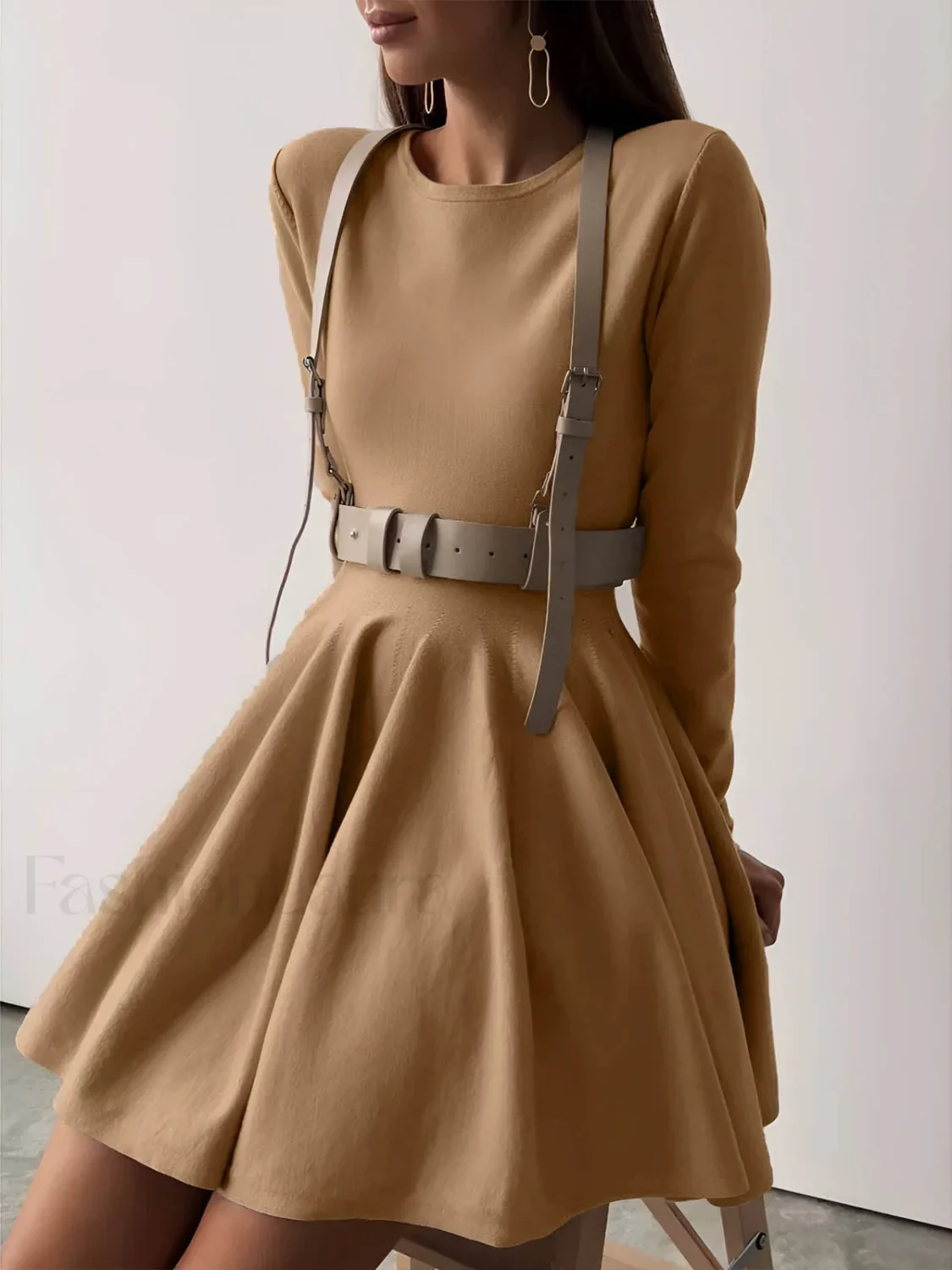 Plain Pleated Sweater Short Dress - Image 15