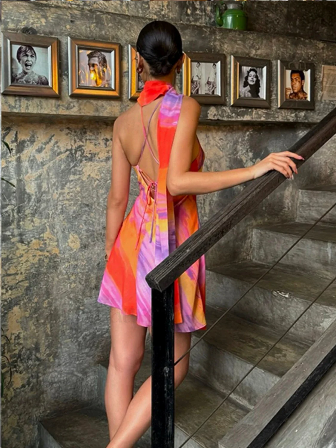 Semi-Sheer Halter Backless Tie Dye Short Dress - Image 2