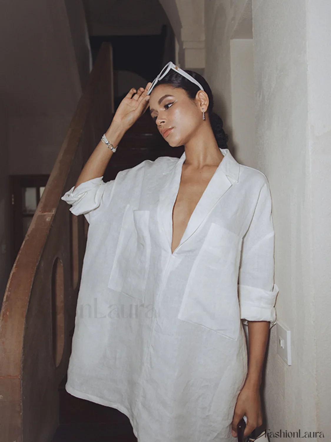 Linen Pockets Semi-Sheer Long Sleeve Dress - Image 13
