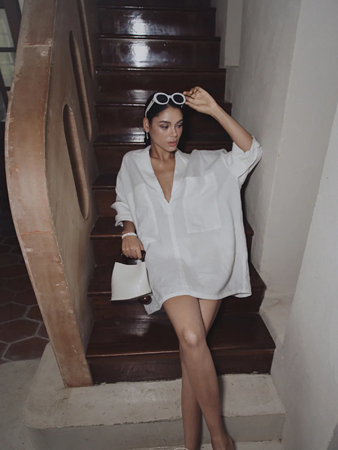 Linen Pockets Semi-Sheer Long Sleeve Dress - Image 4