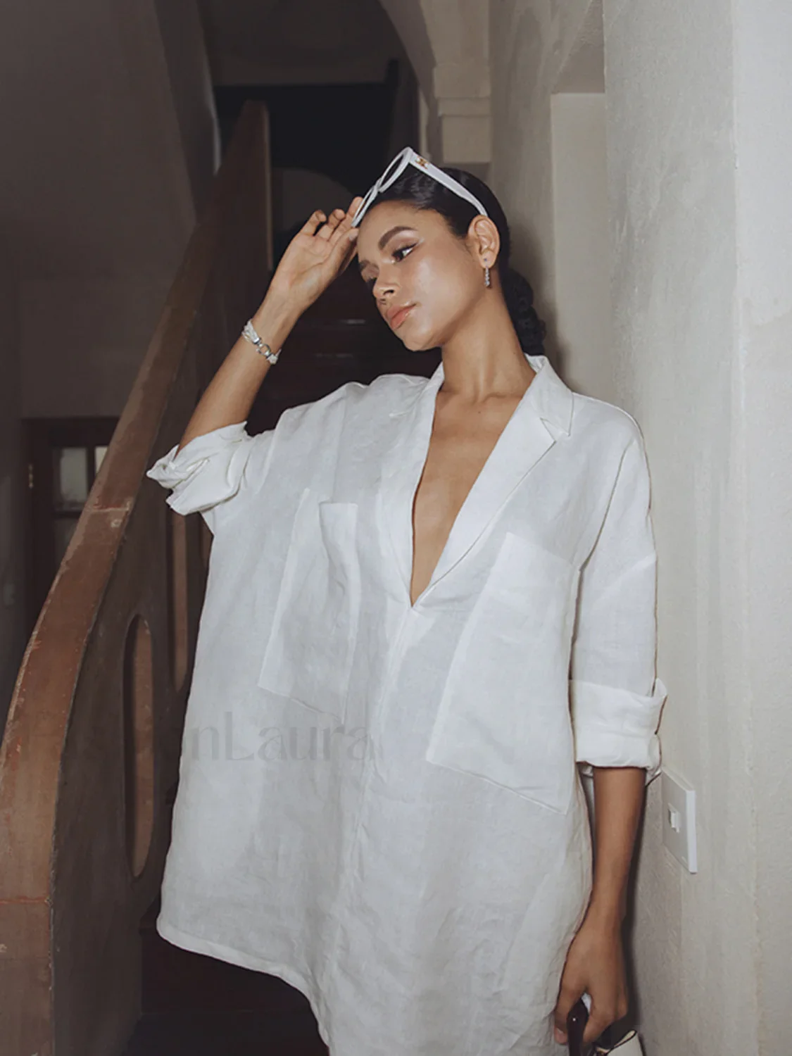 Linen Pockets Semi-Sheer Long Sleeve Dress - Image 8