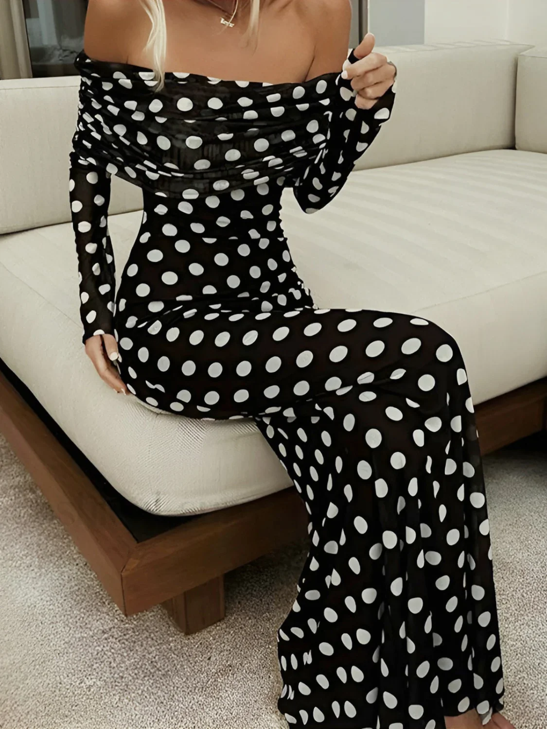 Long Sleeve Off-Shoulder Polka Dot Print Long Dress - Image 10