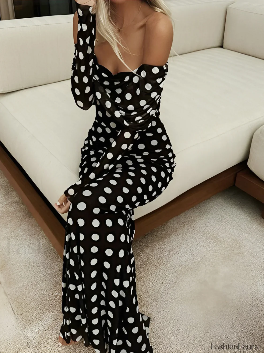 Long Sleeve Off-Shoulder Polka Dot Print Long Dress - Image 11
