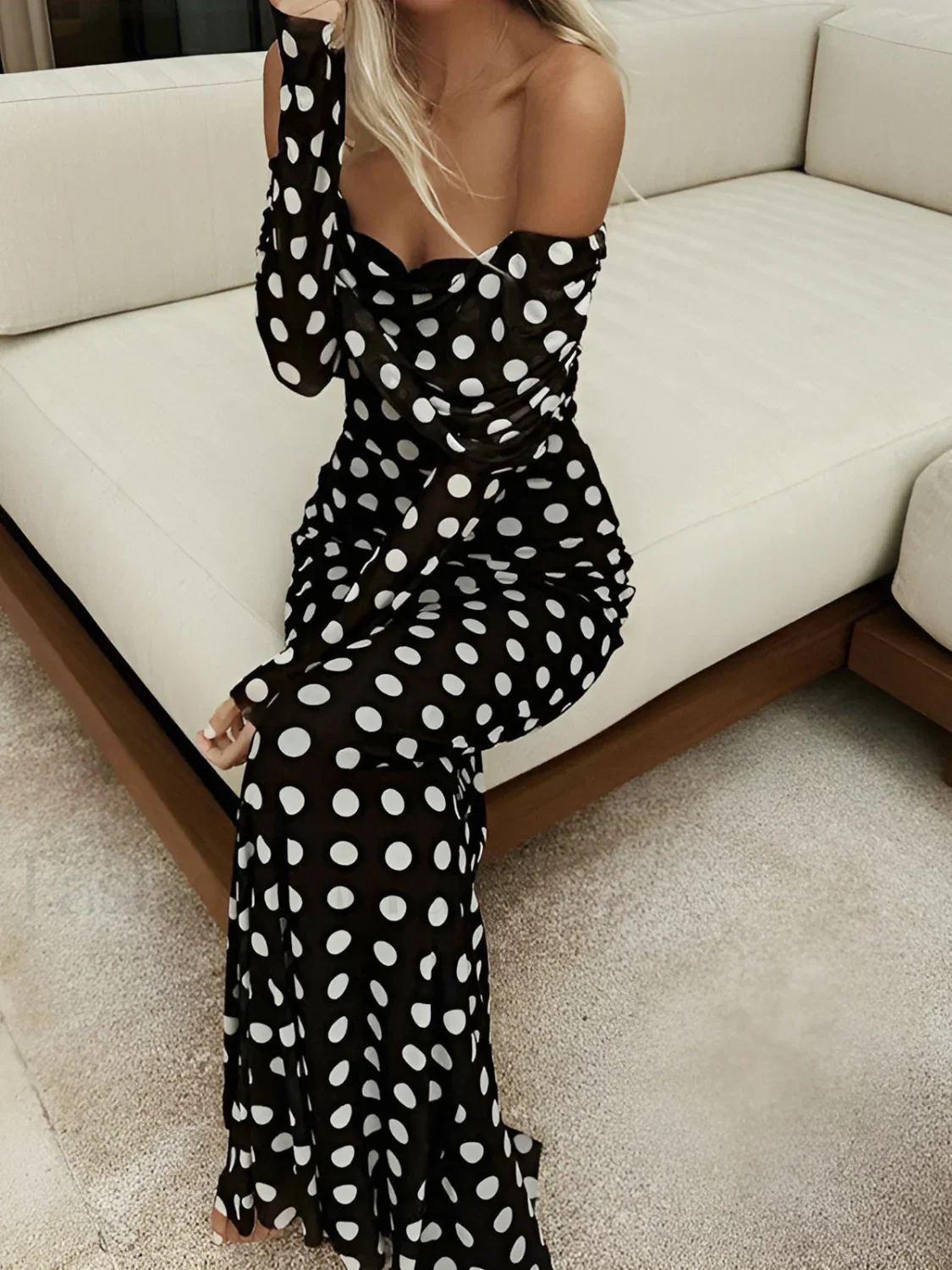 Long Sleeve Off-Shoulder Polka Dot Print Long Dress - Image 5