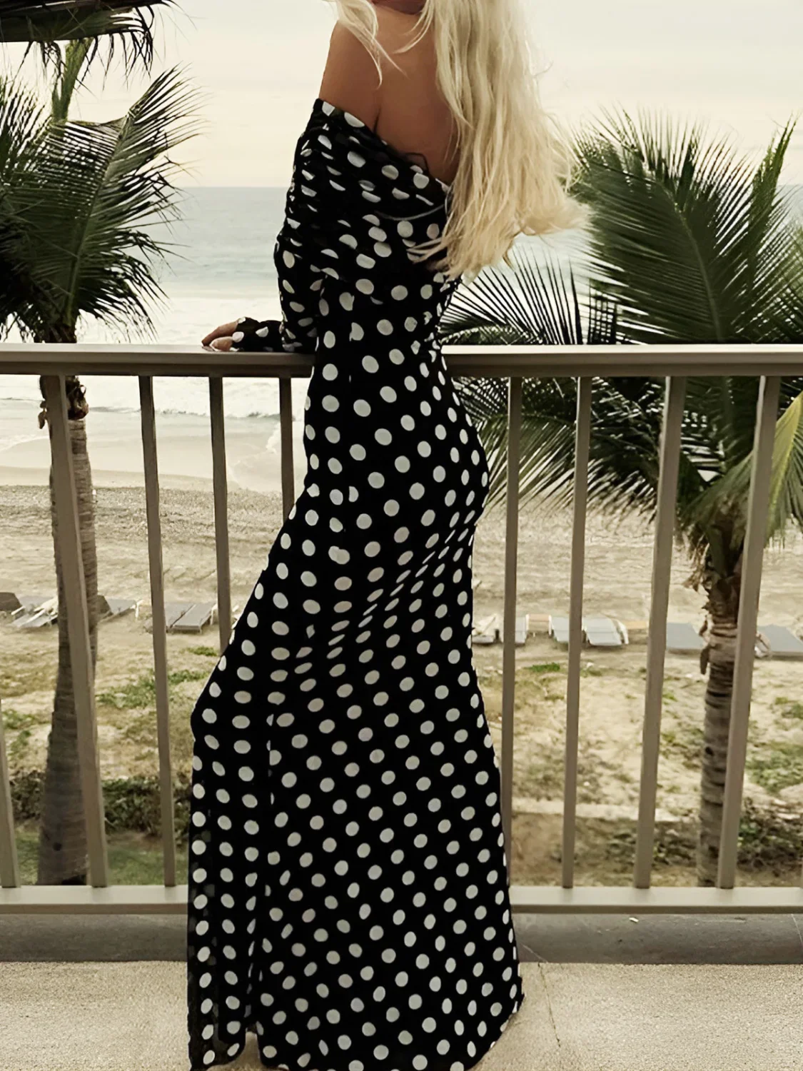 Long Sleeve Off-Shoulder Polka Dot Print Long Dress - Image 7