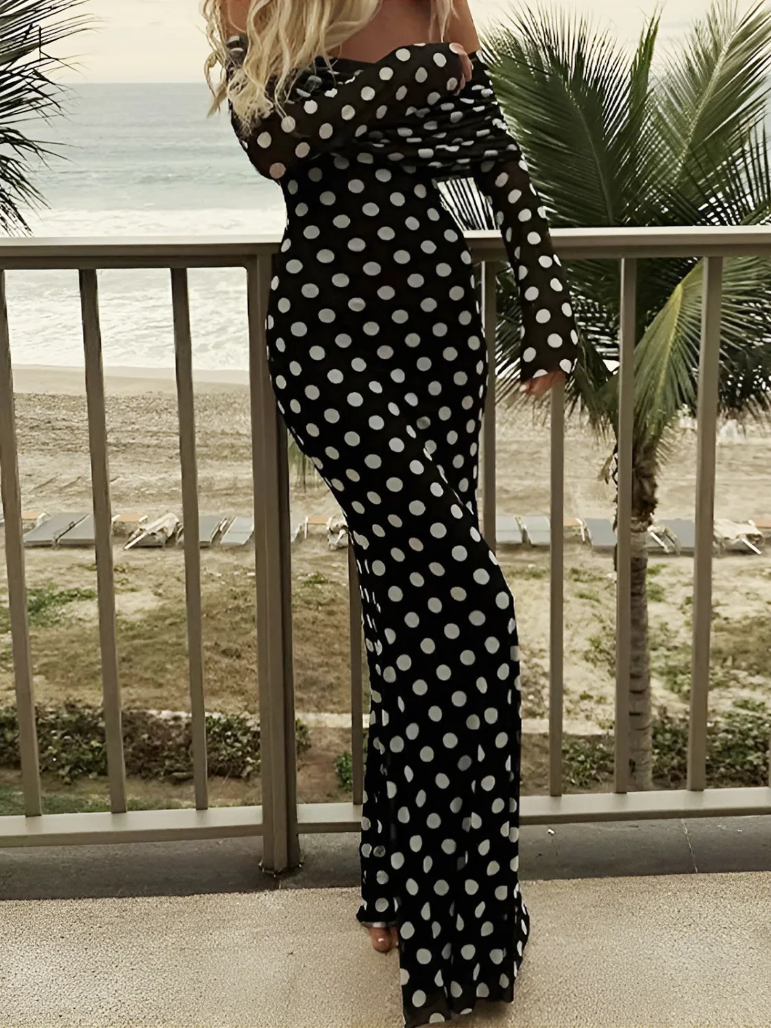 Long Sleeve Off-Shoulder Polka Dot Print Long Dress - Image 8