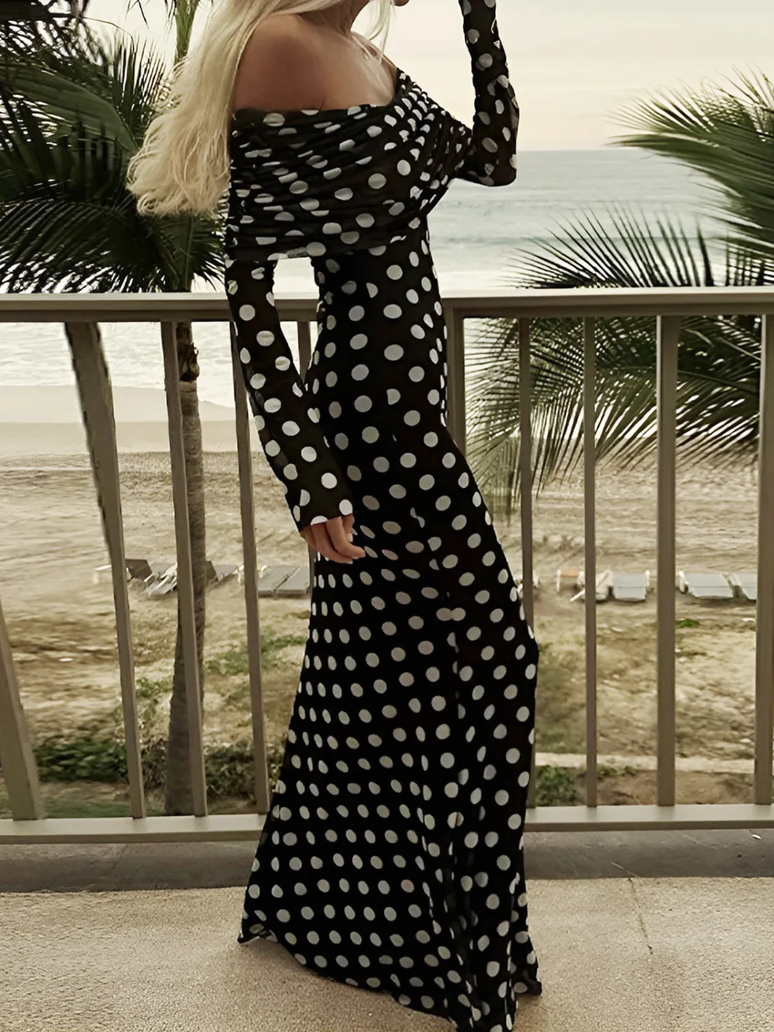 Long Sleeve Off-Shoulder Polka Dot Print Long Dress - Image 9