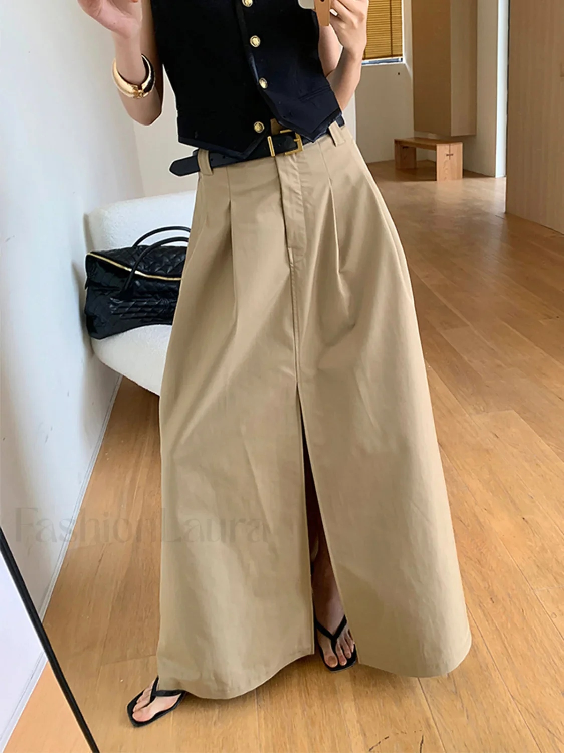 High-Waist Pleated Flared Elegant Midi Skirt - Image 5