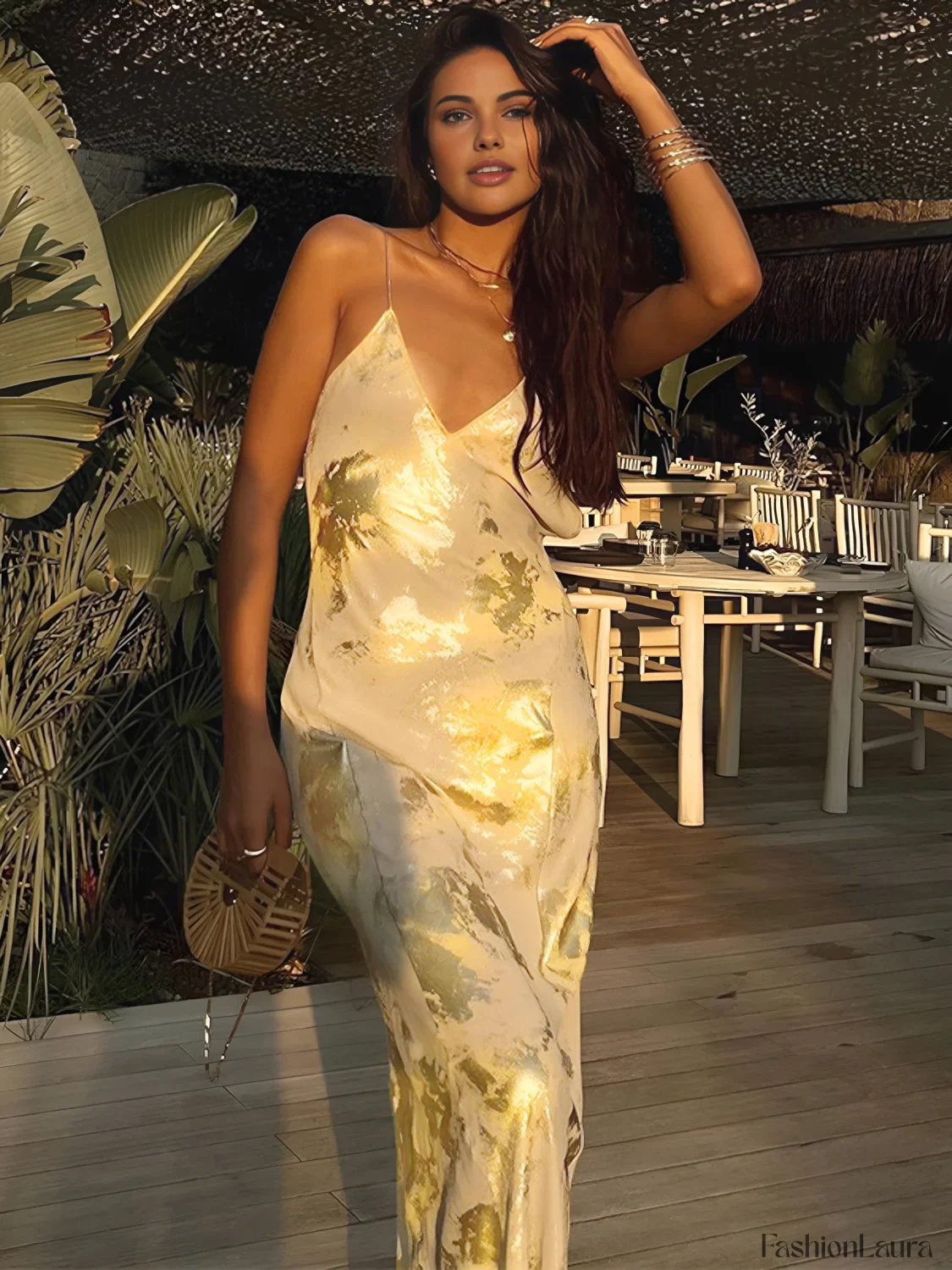 Metallic Print V-Neck Backless Slip Long Dress - Image 9
