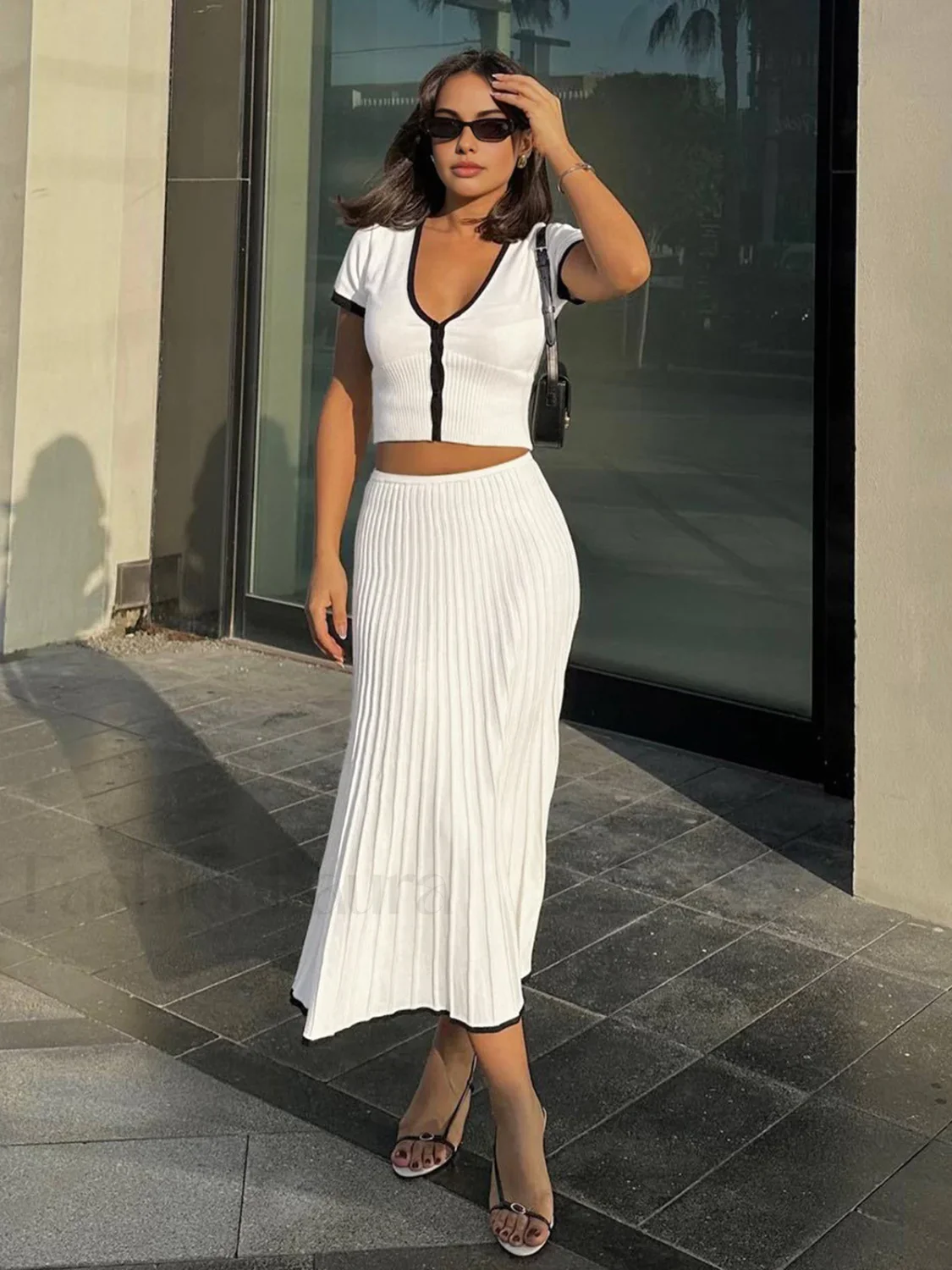 Minimalism Contrast Trim Sweater Skirt Set - Image 2