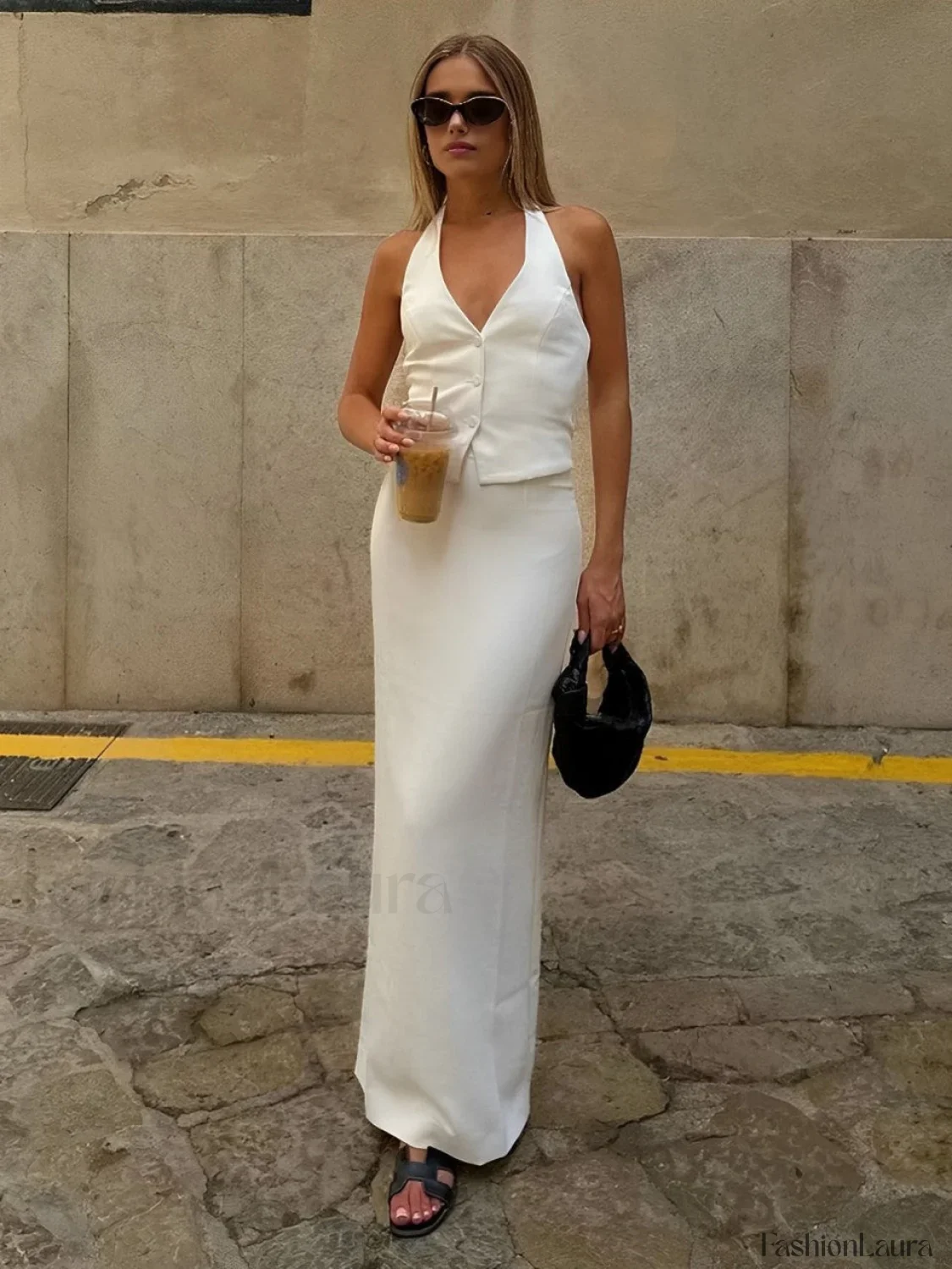 Solid V-Neck Backless Tie Up Halter & Split Maxi Skirt Set - Image 11