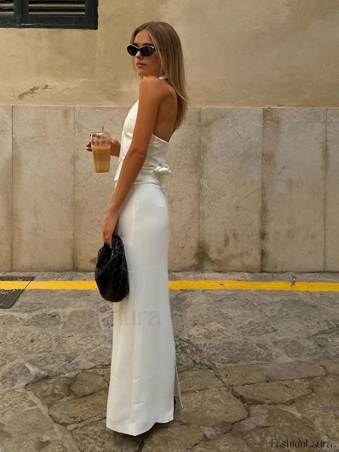 Solid V-Neck Backless Tie Up Halter & Split Maxi Skirt Set - Image 12