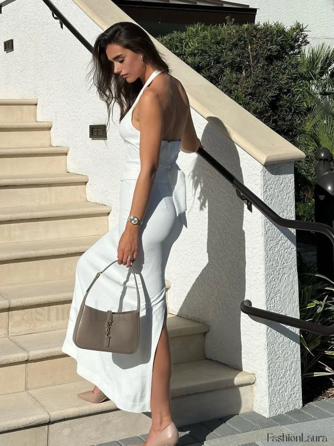 Solid V-Neck Backless Tie Up Halter & Split Maxi Skirt Set - Image 13
