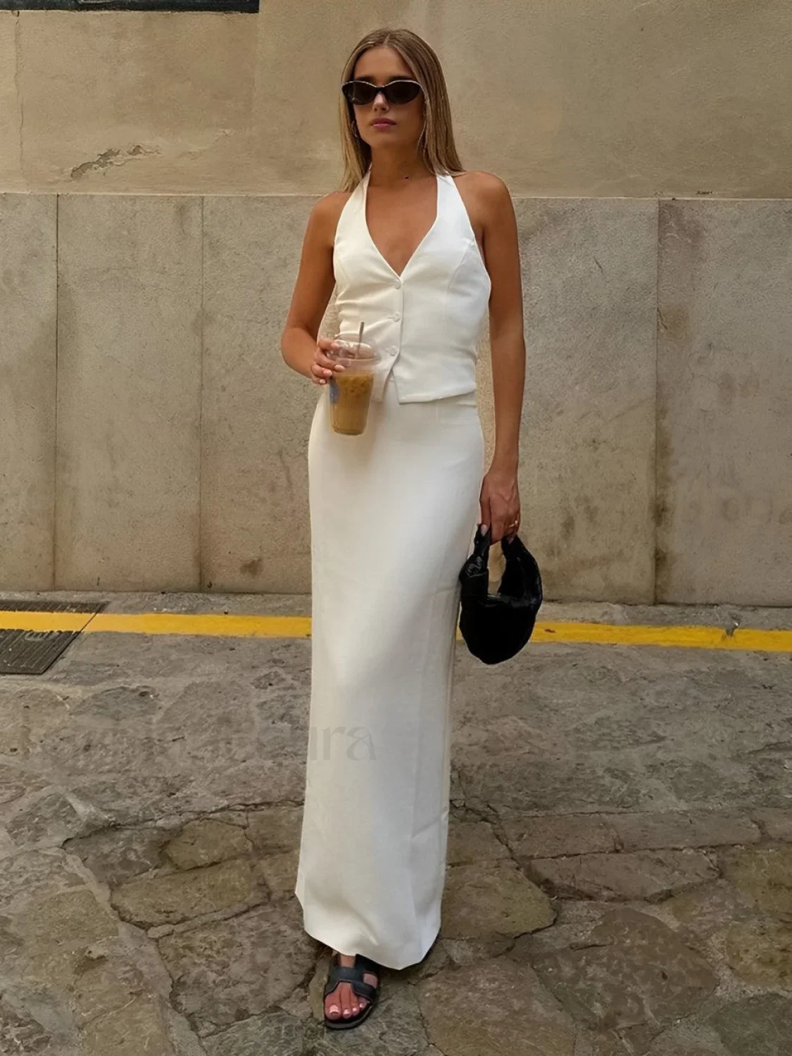 Solid V-Neck Backless Tie Up Halter & Split Maxi Skirt Set - Image 6