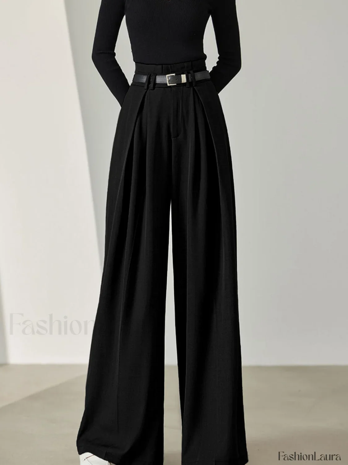 Solid Belted Pleated Wide Leg Pants - Image 10