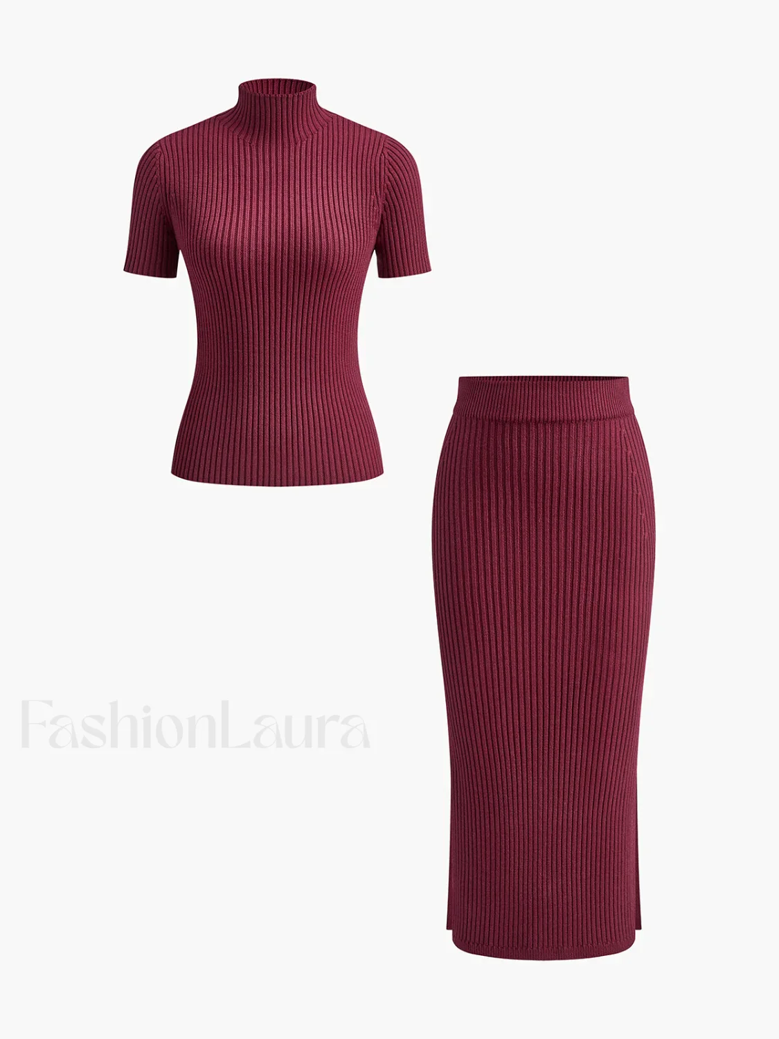 Solid High Neck Split Ribbed Knit Two Pieces Skirt Set - Image 22