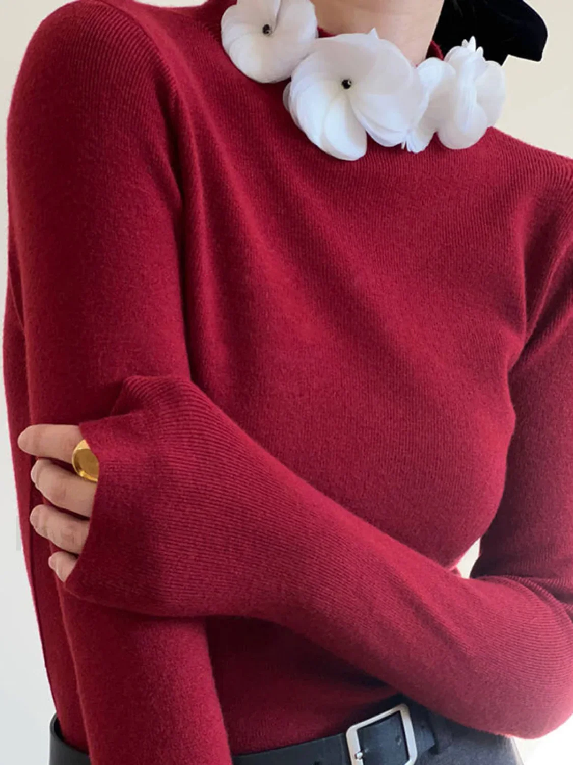 Solid Long Sleeve Floral Knit Top - Image 17