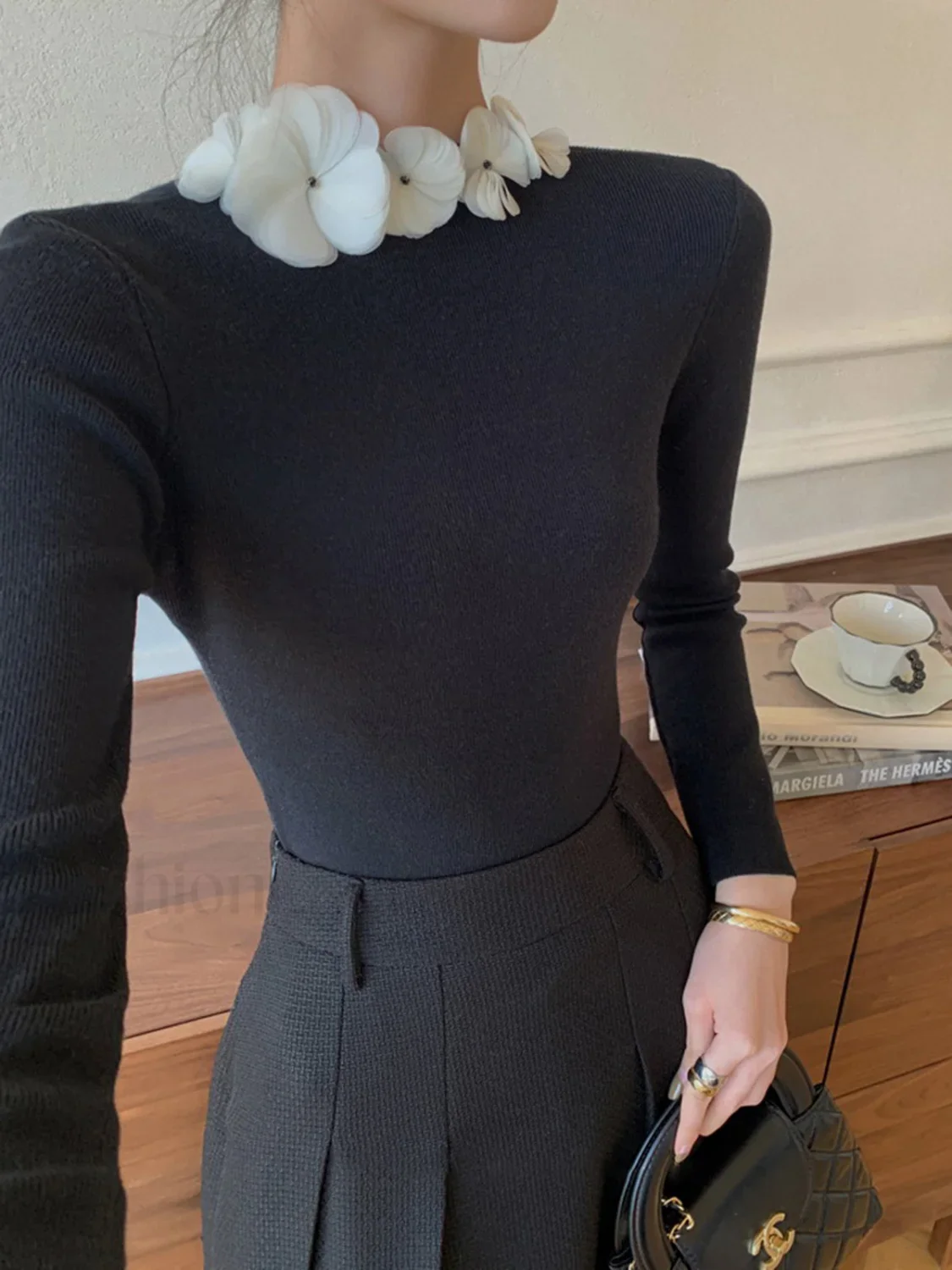Solid Long Sleeve Floral Knit Top - Image 21