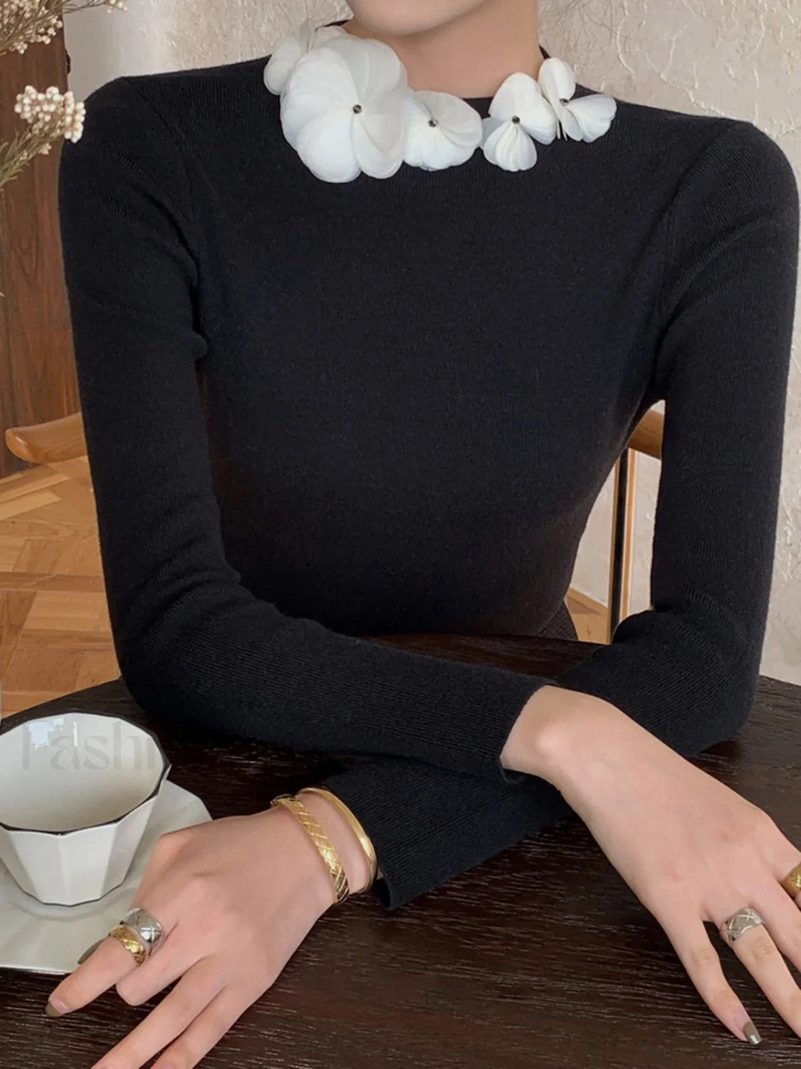 Solid Long Sleeve Floral Knit Top - Image 22