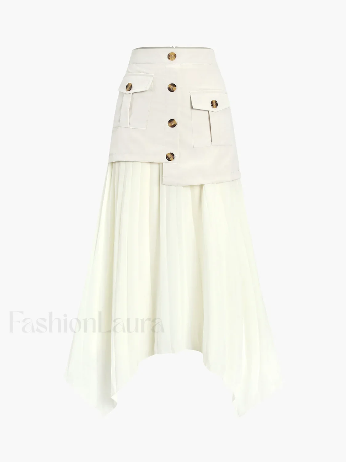 Patchwork Asymmetrical Pleated Buttoned Midi Skirt - Image 3