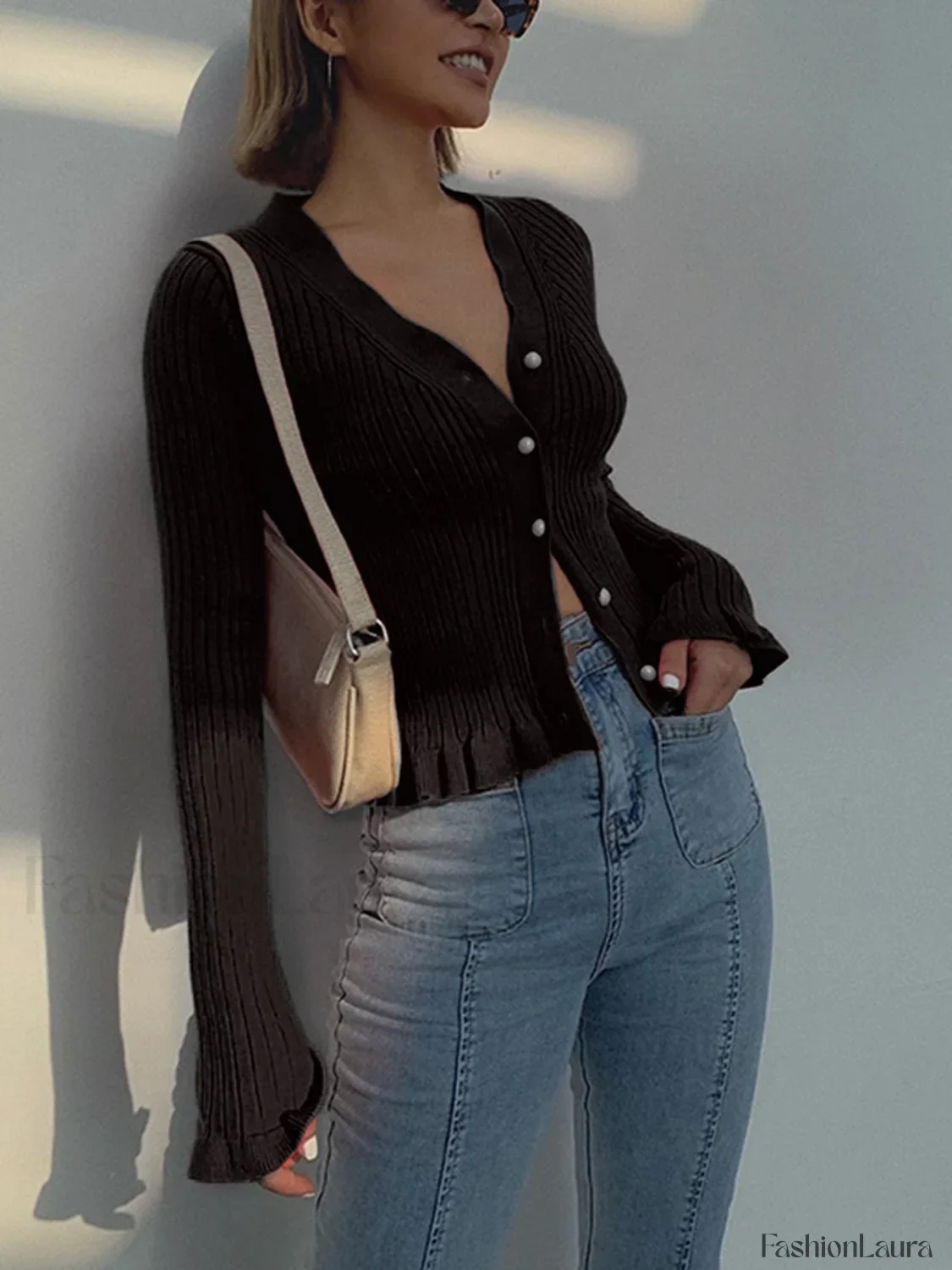 Ruffled Trim Pearl Button Long Sleeve Cardigan - Image 26