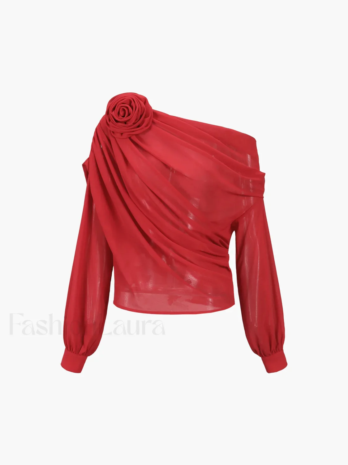 Chiffon Semi-sheer One Shoulder Asymmetrical Blouse - Image 12